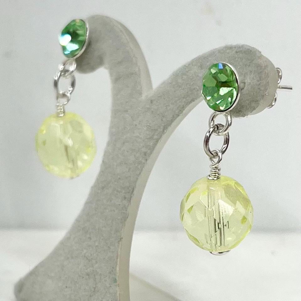 Sterling Silver Yellow & Green Uranium Glass and Crystal Bead Drop Stud Earrings with a UV Reactive Glow MillyOliverVintage