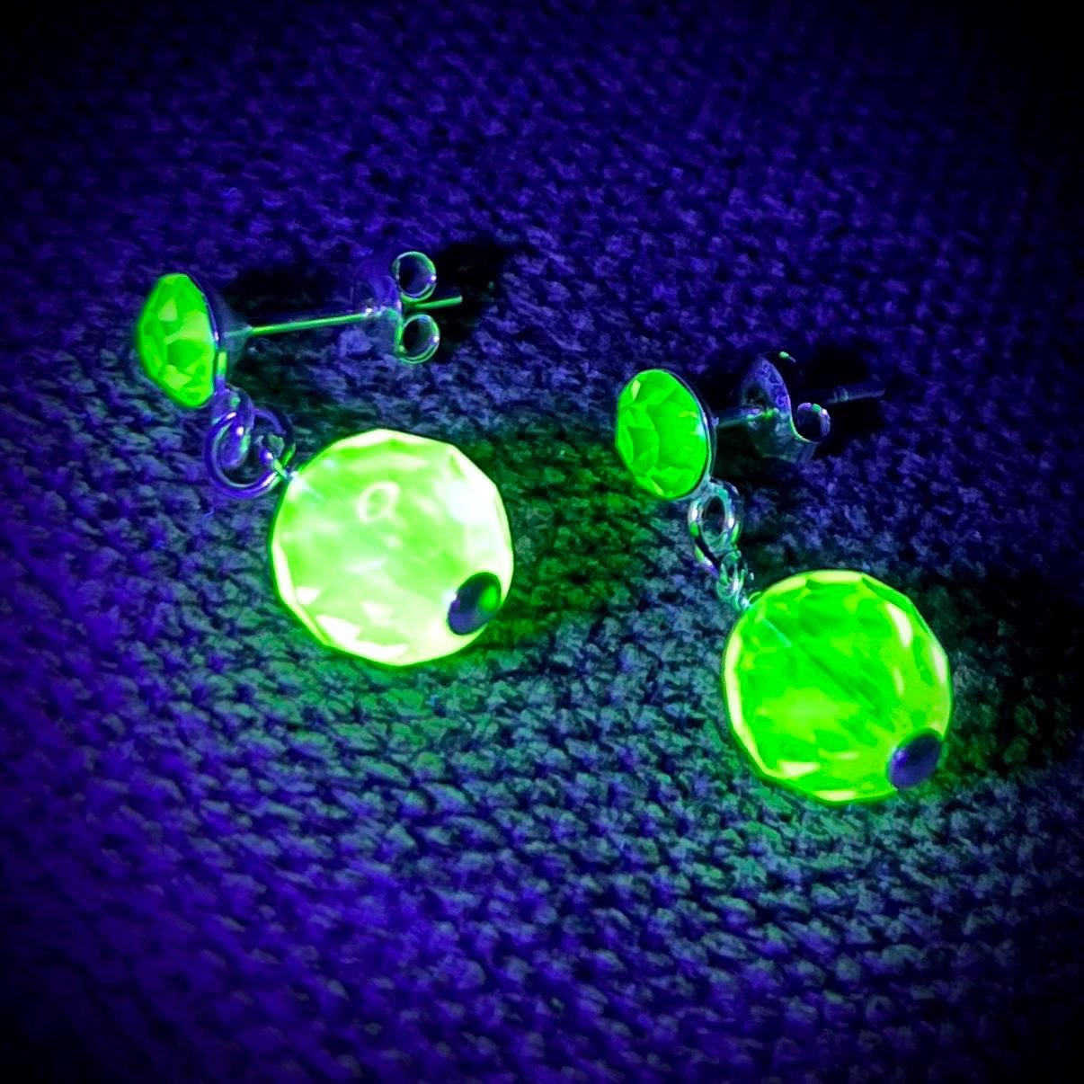 Sterling Silver Yellow & Green Uranium Glass and Crystal Bead Drop Stud Earrings with a UV Reactive Glow MillyOliverVintage
