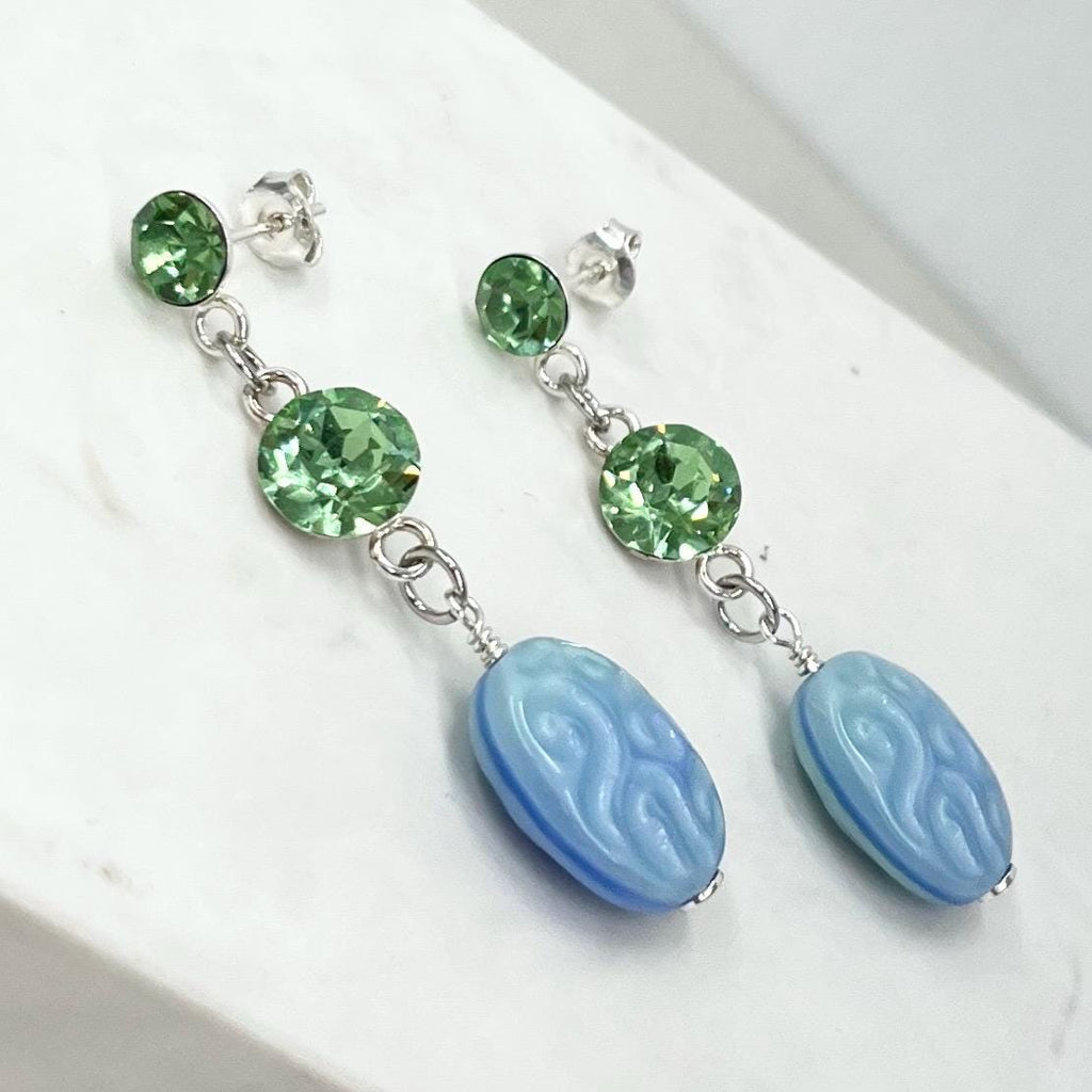 Sterling Silver Blue & Green Uranium Glass and Crystal Bead Drop Stud Earrings with a UV Reactive Glow UV Jewellery MillyOliverVintage