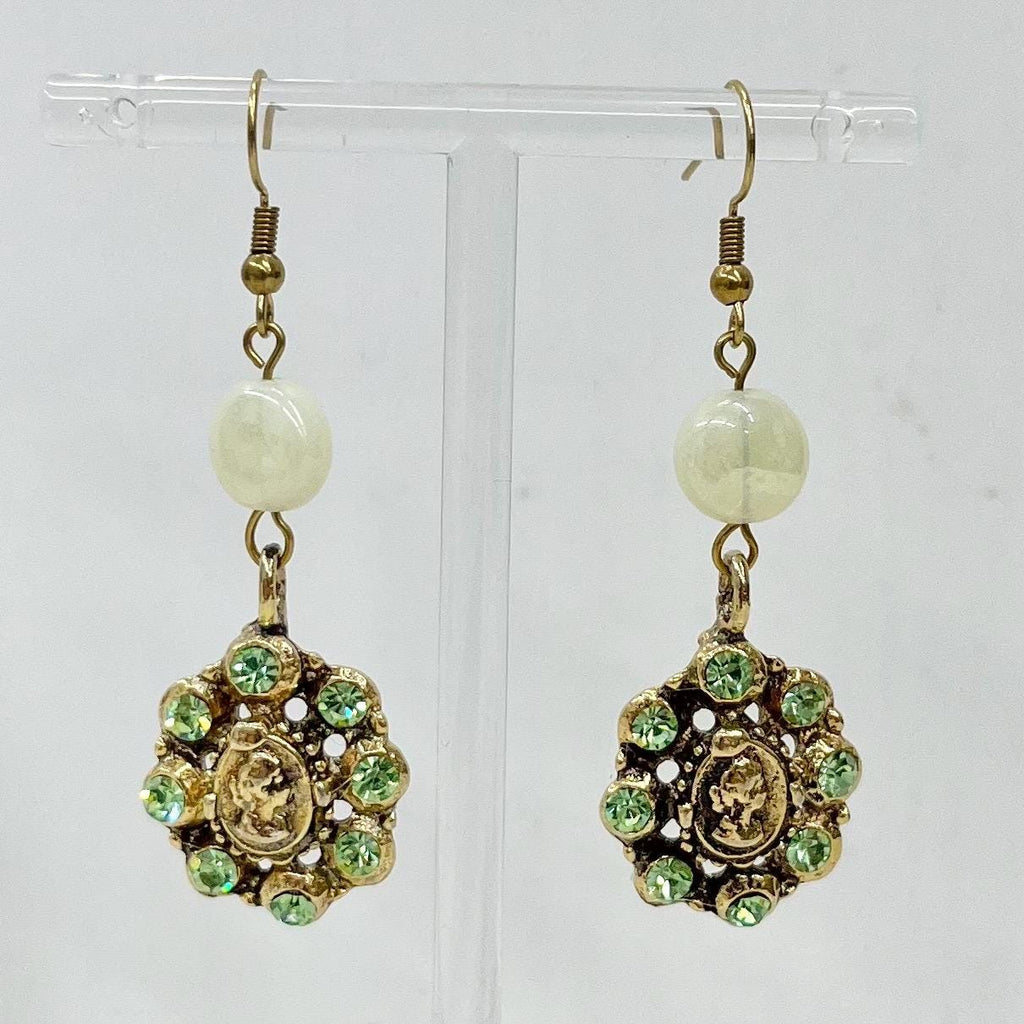 Yellow Uranium Glass Bead & Crystal Drop Cameo Gold Tone Earrings MillyOliverVintage