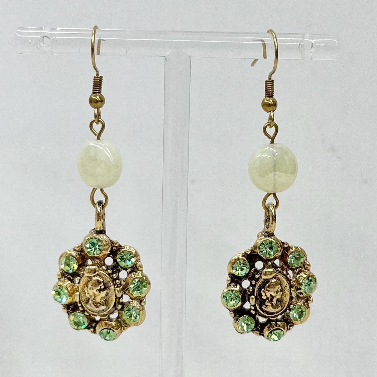 Yellow Uranium Glass Bead & Crystal Drop Cameo Gold Tone Earrings MillyOliverVintage