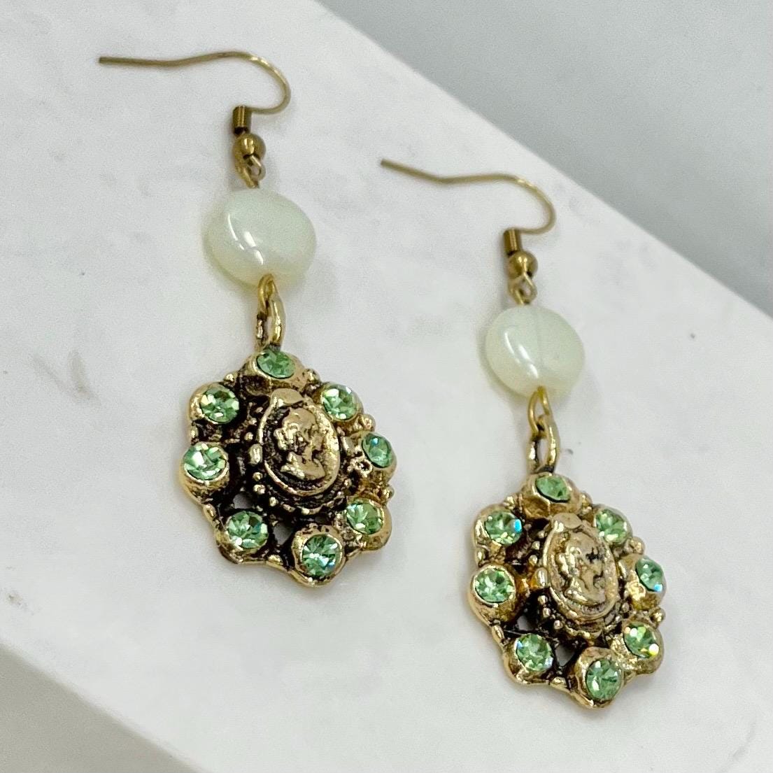 Yellow Uranium Glass Bead & Crystal Drop Cameo Gold Tone Earrings MillyOliverVintage