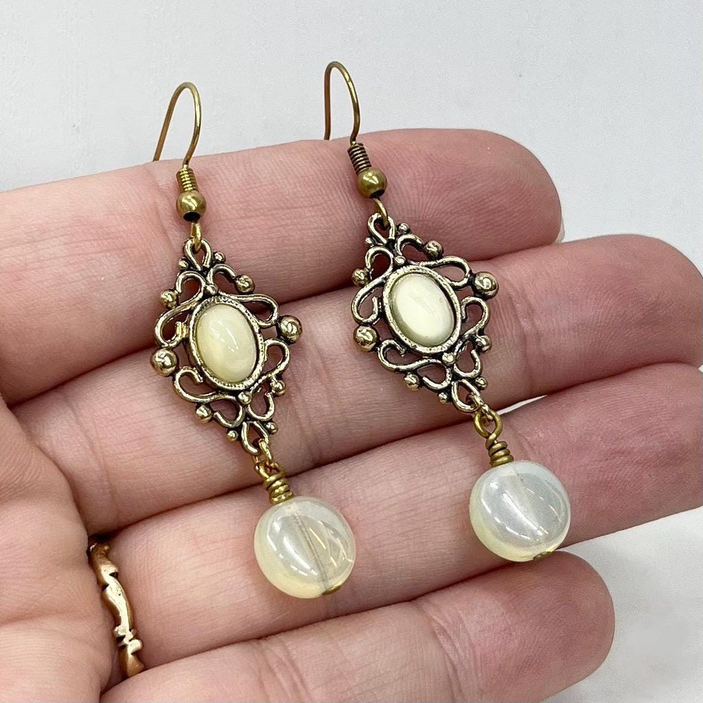 Victorian Style Yellow Uranium Glass Bead Drop Gold Tone Earrings MillyOliverVintage