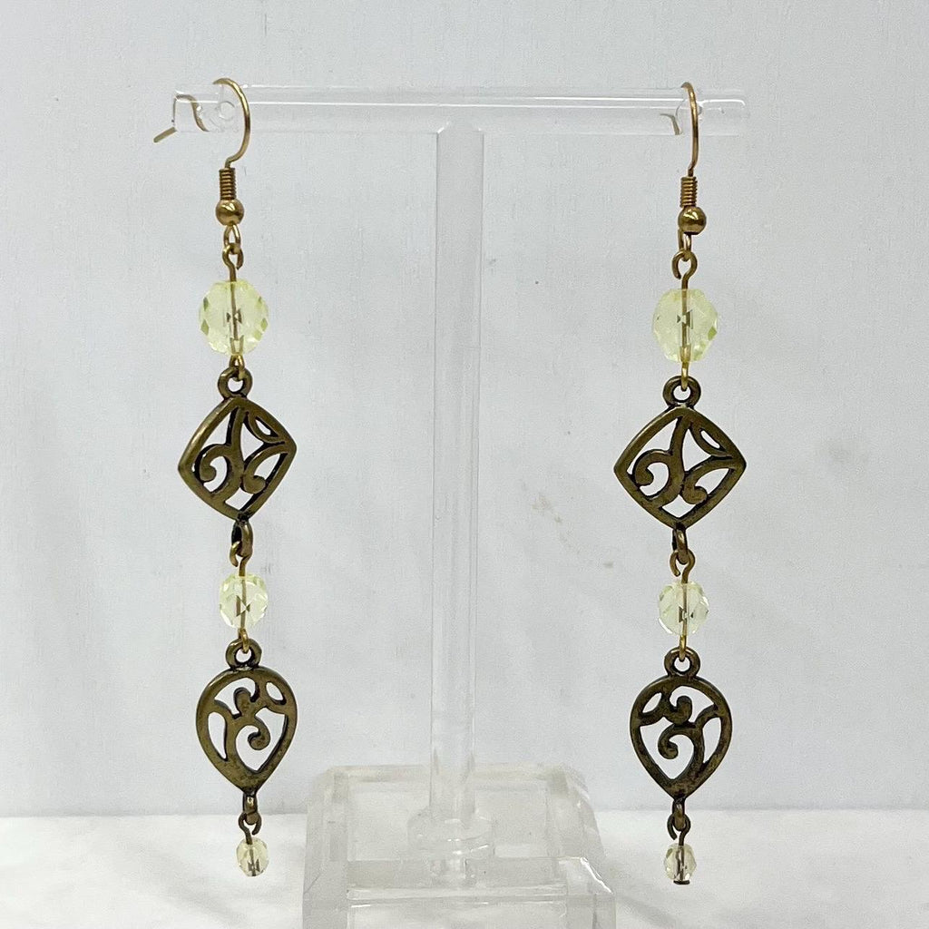 Long Yellow Uranium Glass Bead Drop Antiqued Brass Tone Earrings MillyOliverVintage