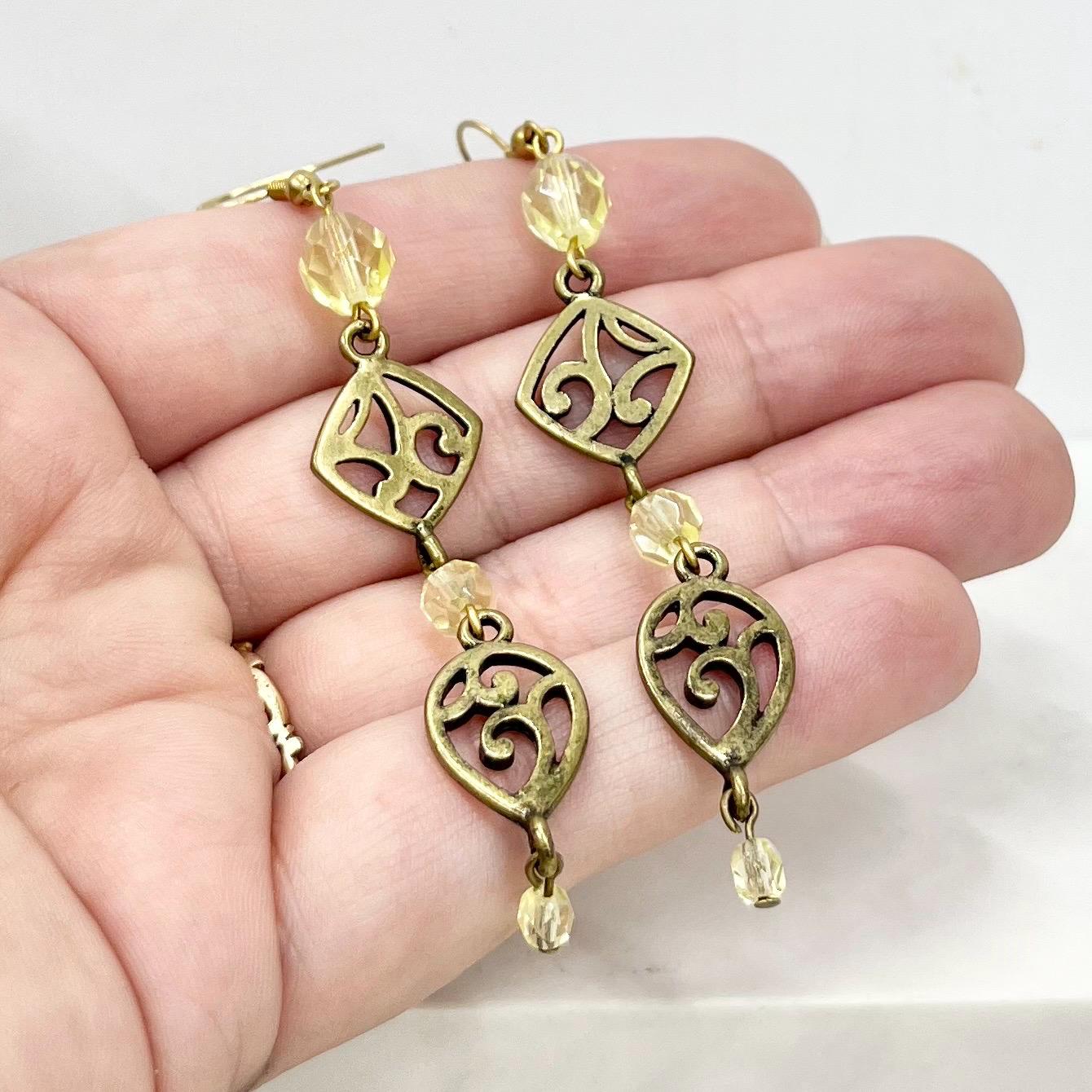 Long Yellow Uranium Glass Bead Drop Antiqued Brass Tone Earrings MillyOliverVintage