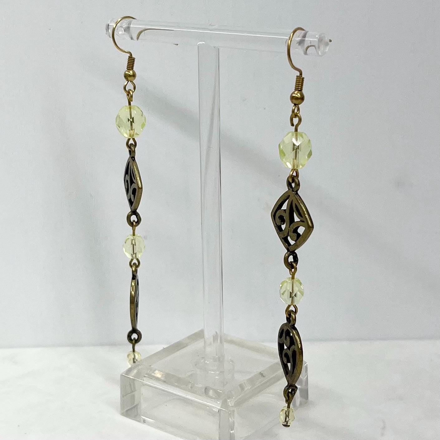 Long Yellow Uranium Glass Bead Drop Antiqued Brass Tone Earrings MillyOliverVintage