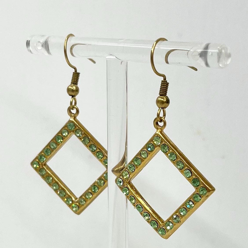 Square Drop Green Uranium Glass Gold Tone Earrings MillyOliverVintage