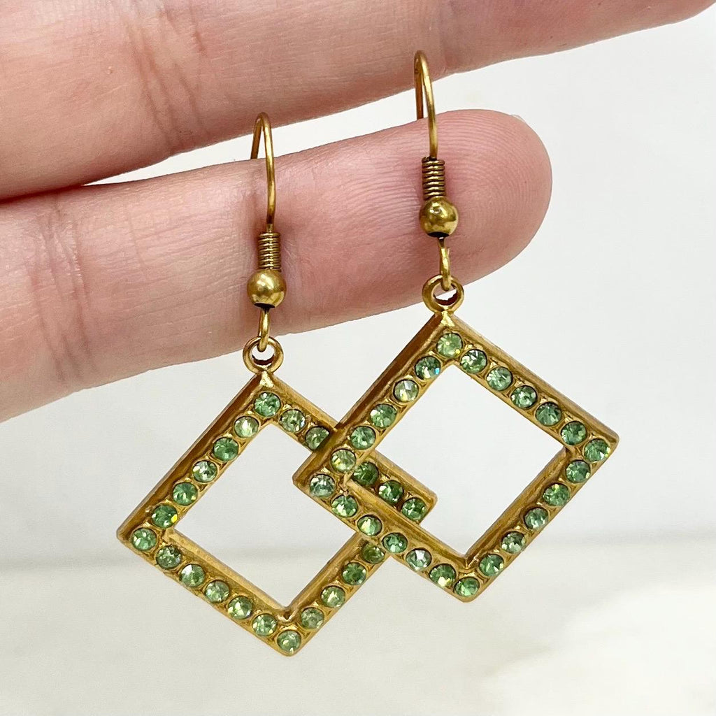 Square Drop Green Uranium Glass Gold Tone Earrings MillyOliverVintage