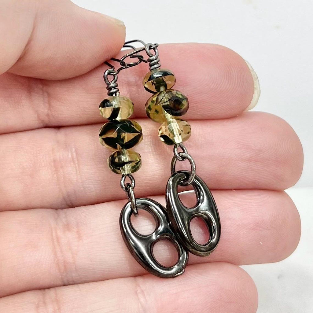 Gunmetal Green Uranium Glass Beaded Drop Earrings MillyOliverVintage