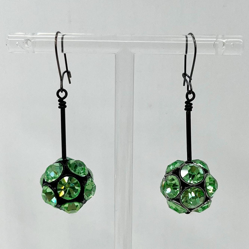 Black & Gunmetal Grey Colour Green Uranium Crystal Ball Drop Earrings MillyOliverVintage