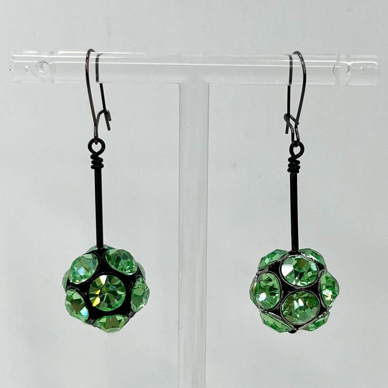 Black & Gunmetal Grey Colour Green Uranium Crystal Ball Drop Earrings MillyOliverVintage