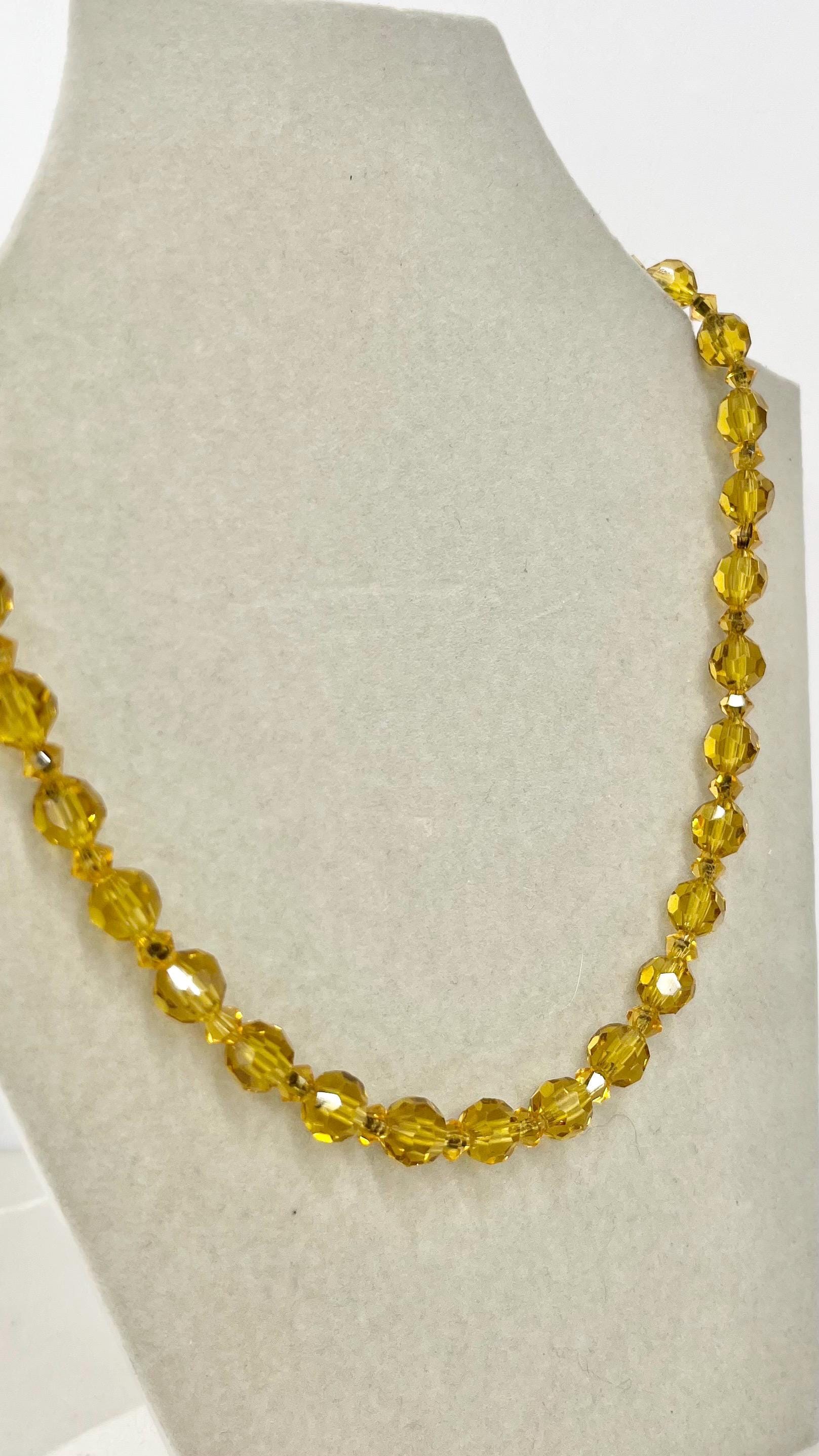 Vintage Amber Yellow Faceted Glass Manganese / Uranium Crystal Bead Necklace Green UV Reactive Glow Jewellery 15.5” MillyOliverVintage