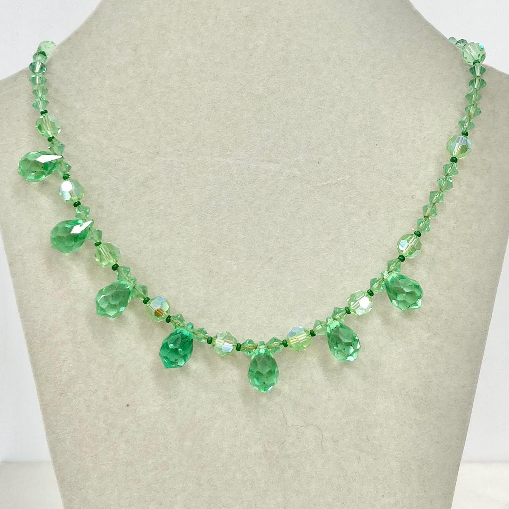 Vintage Green Uranium Crystal Bead Droplet Necklace UV Reactive Glow 19” Long MillyOliverVintage