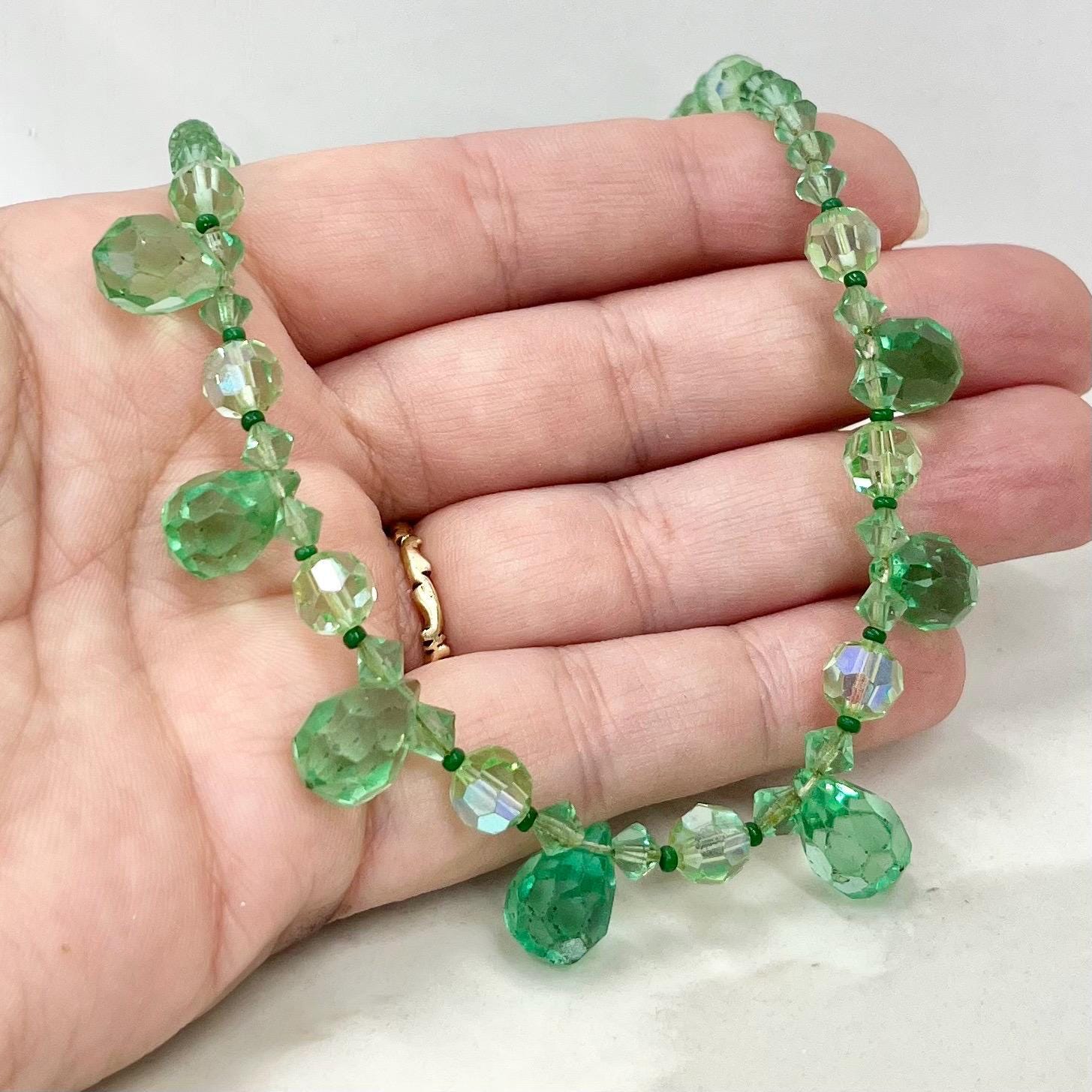 Vintage Green Uranium Crystal Bead Droplet Necklace UV Reactive Glow 19” Long MillyOliverVintage