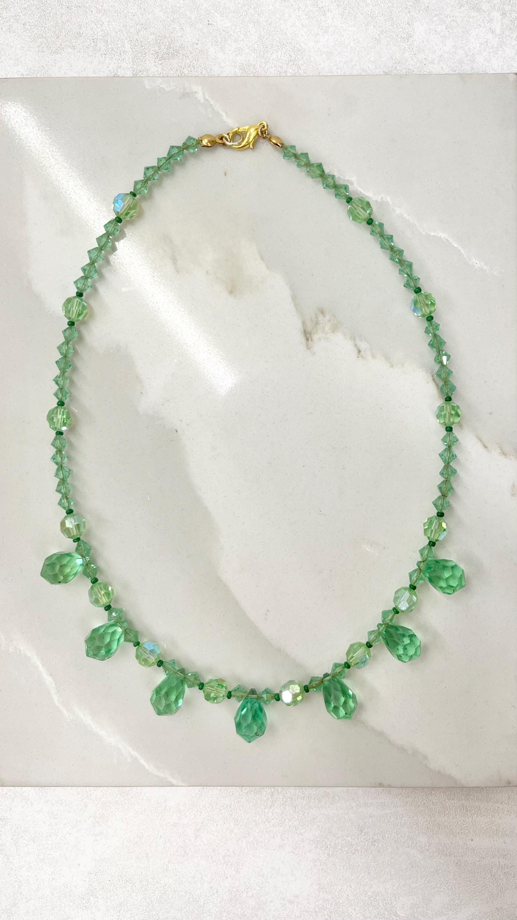 Vintage Green Uranium Crystal Bead Droplet Necklace UV Reactive Glow 19” Long MillyOliverVintage