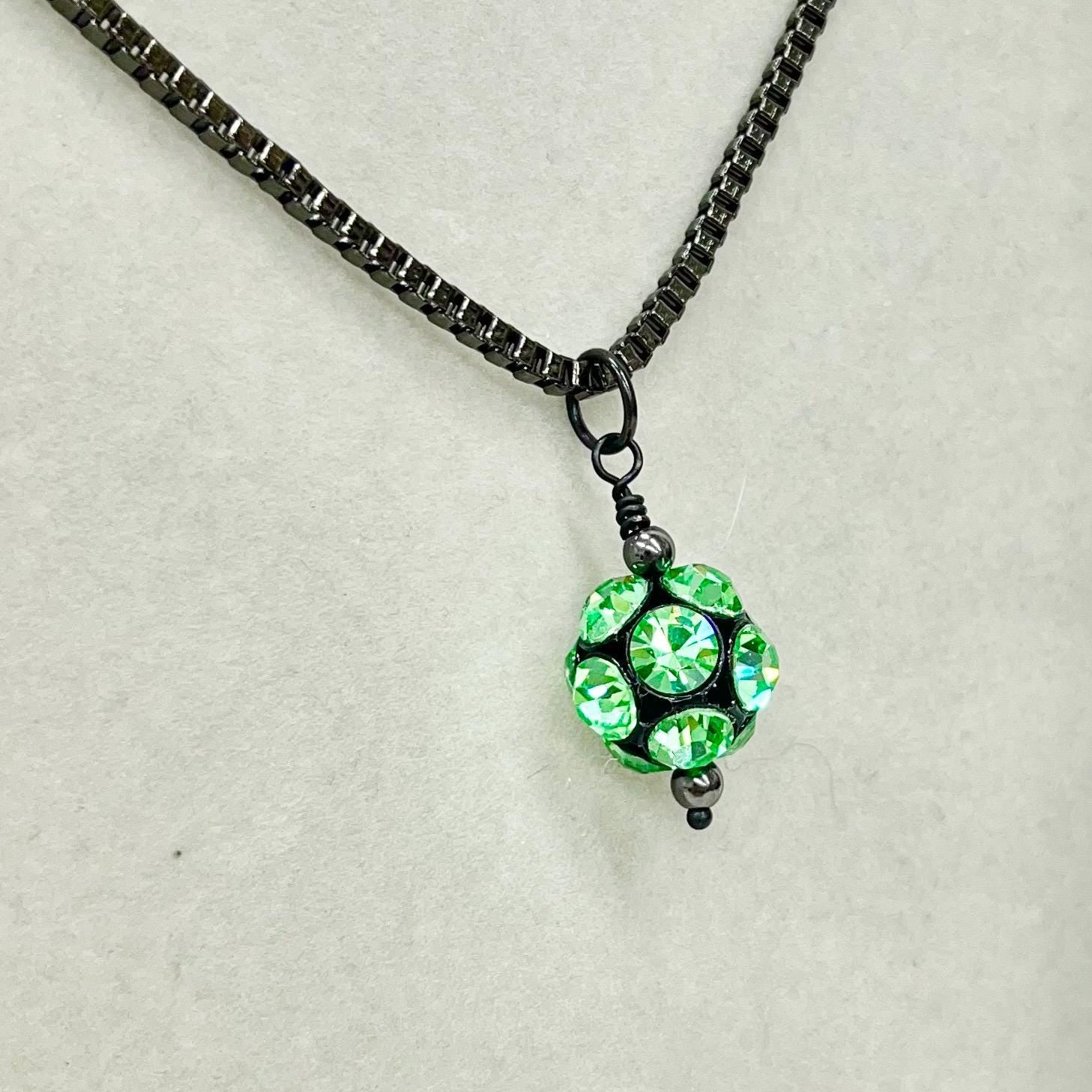 Green Uranium Glass Disco Bead Drop Necklace on a Gunmetal Coloured Chain 18” with a 3” Extender Chain MillyOliverVintage