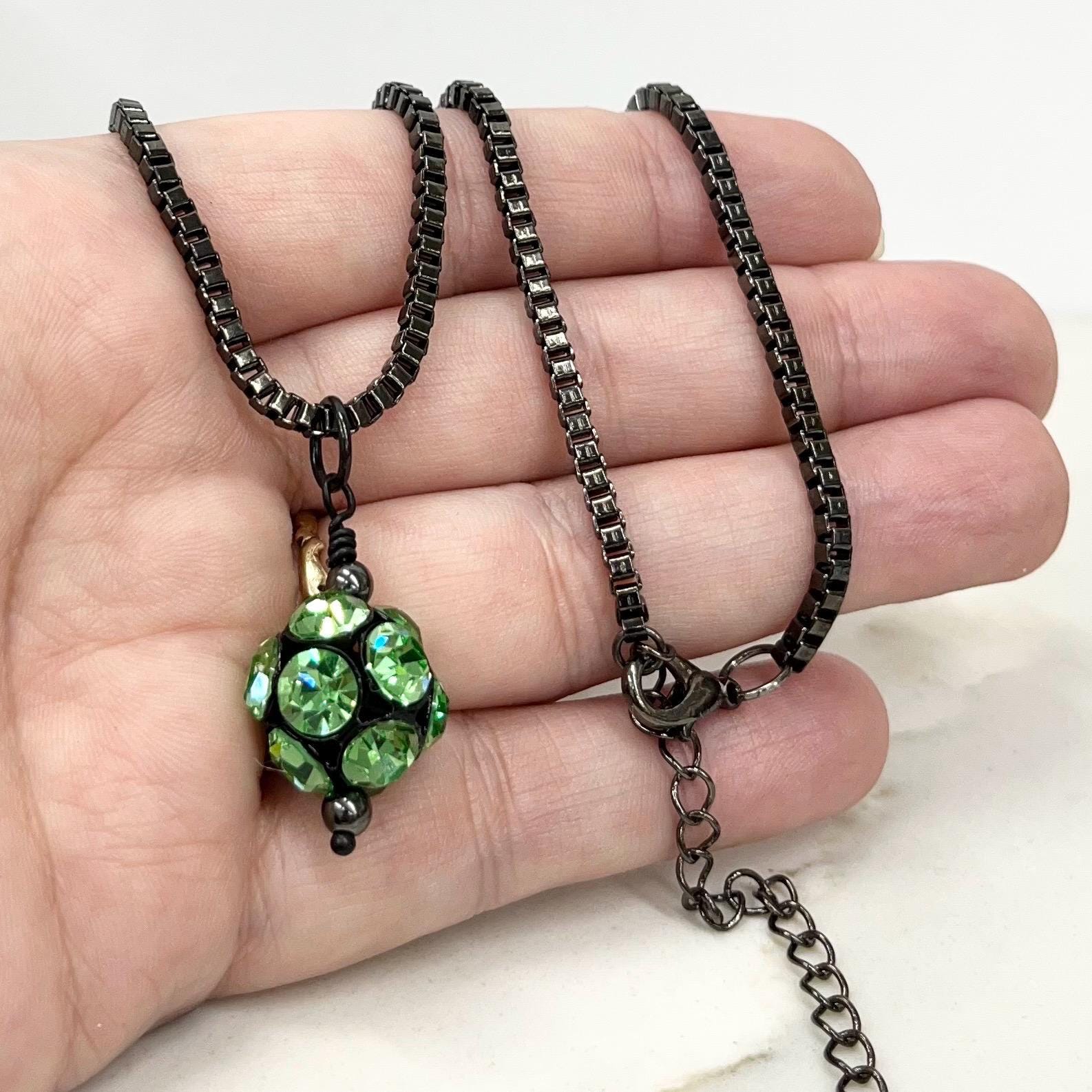 Green Uranium Glass Disco Bead Drop Necklace on a Gunmetal Coloured Chain 18” with a 3” Extender Chain MillyOliverVintage