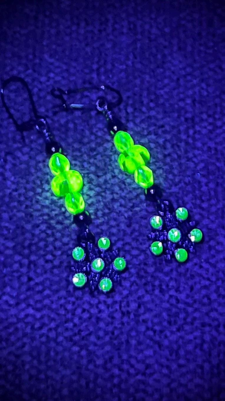 Green Uranium Czech Glass Flower Drop Crystal Earrings MillyOliverVintage