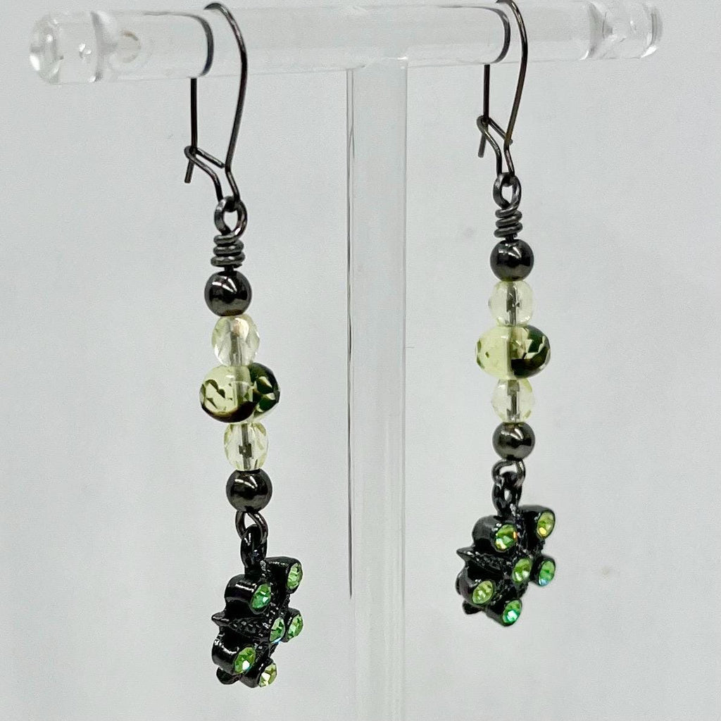 Green Uranium Czech Glass Flower Drop Crystal Earrings MillyOliverVintage