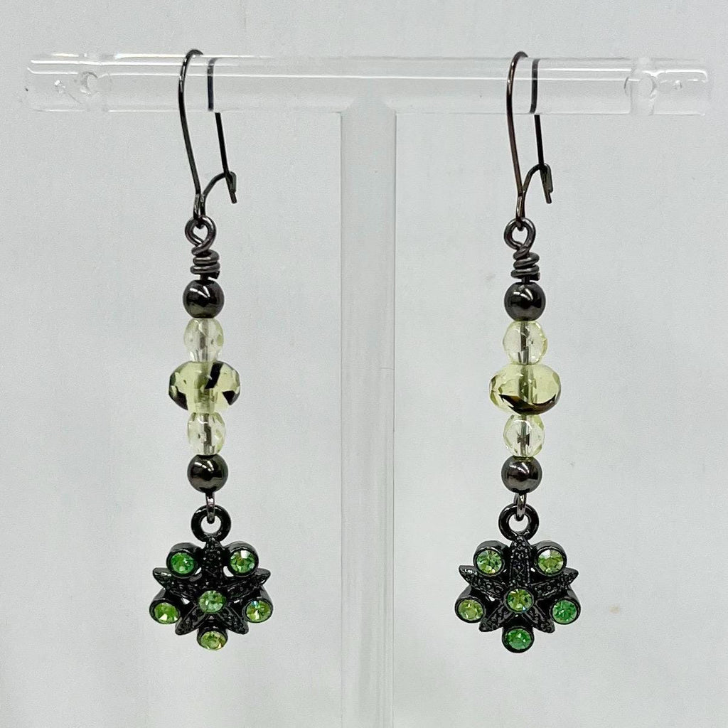 Green Uranium Czech Glass Flower Drop Crystal Earrings MillyOliverVintage