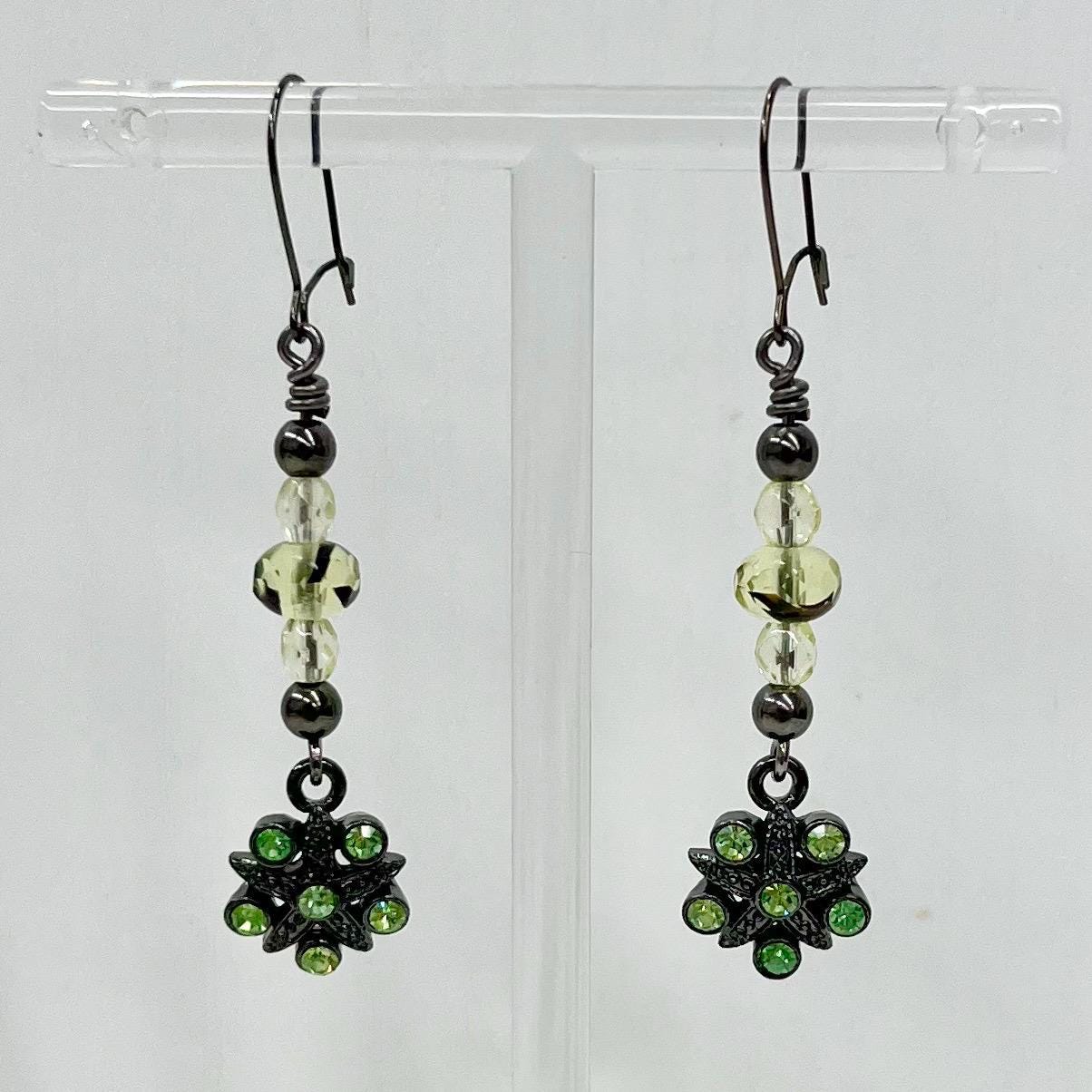 Green Uranium Czech Glass Flower Drop Crystal Earrings MillyOliverVintage