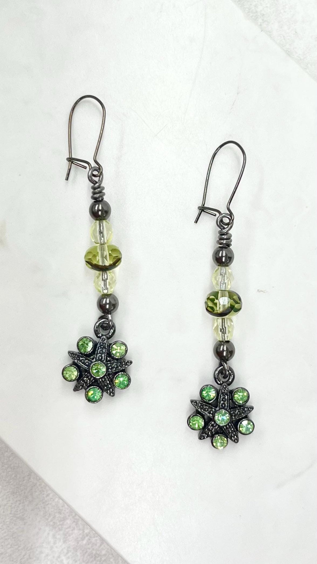 Green Uranium Czech Glass Flower Drop Crystal Earrings MillyOliverVintage