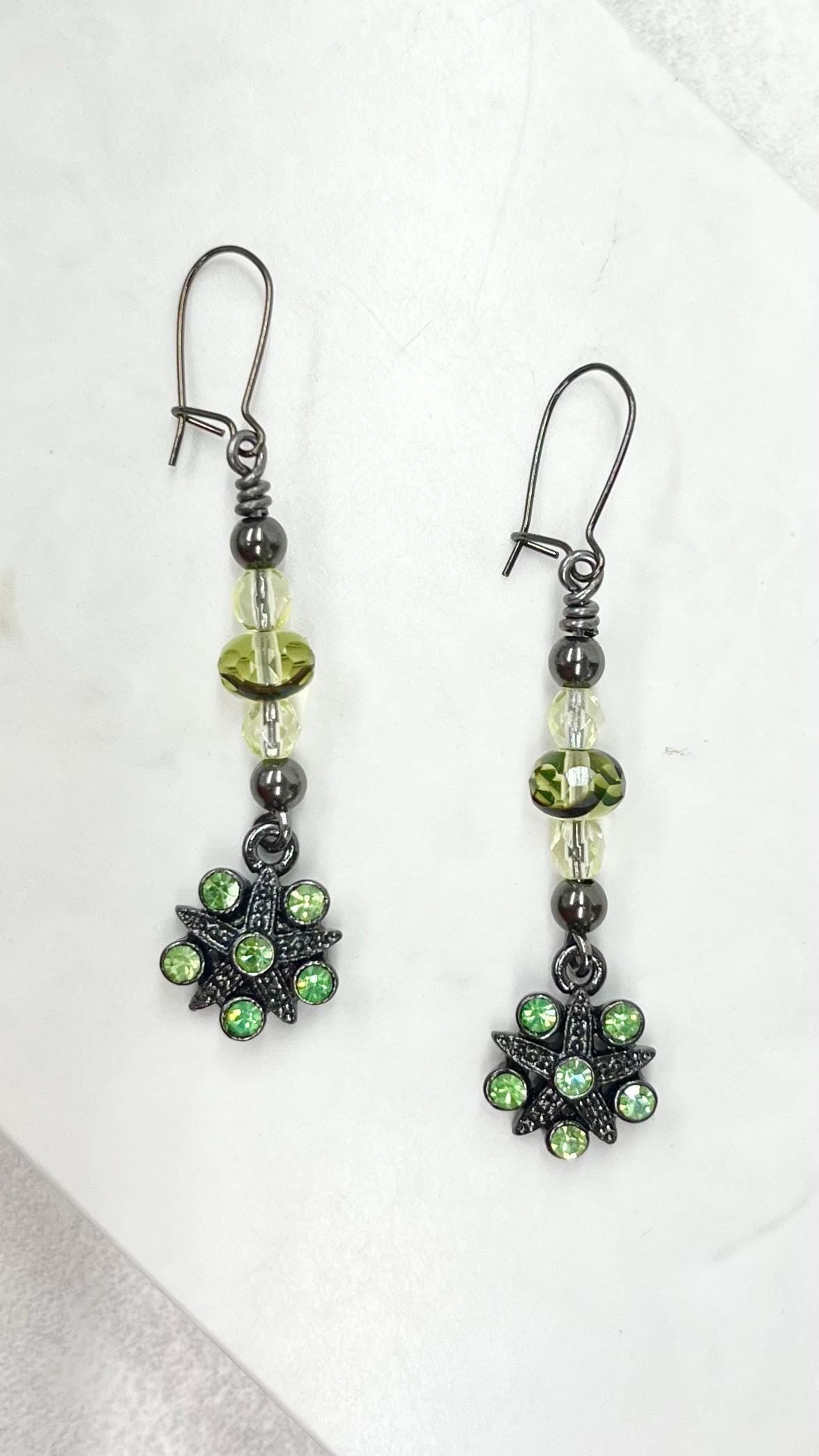 Green Uranium Czech Glass Flower Drop Crystal Earrings MillyOliverVintage
