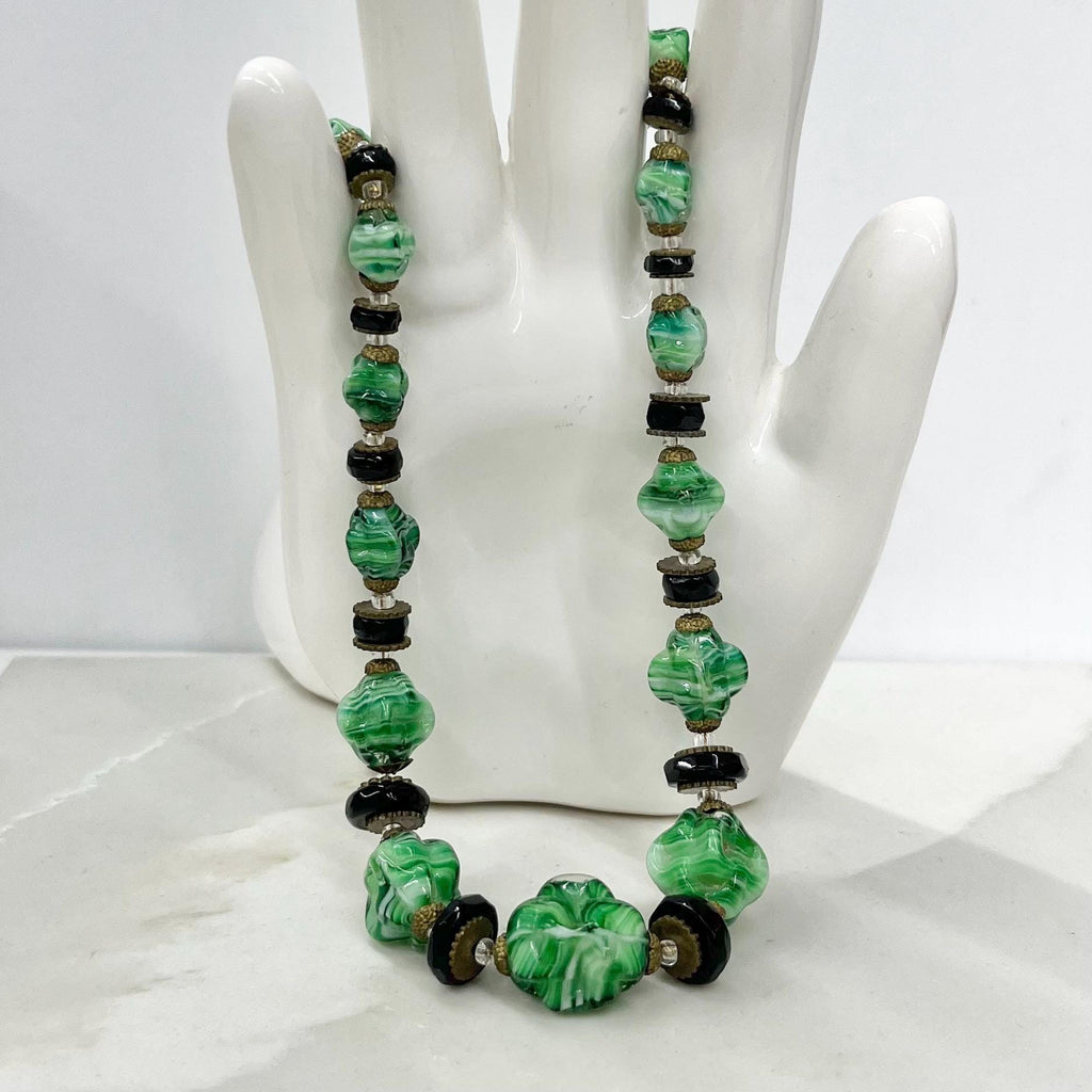 Art Deco 1930’s Green Striated & Black Glass Beaded Necklace Vintage Jewellery 17” Long with a 2” Extender Chain MillyOliverVintage