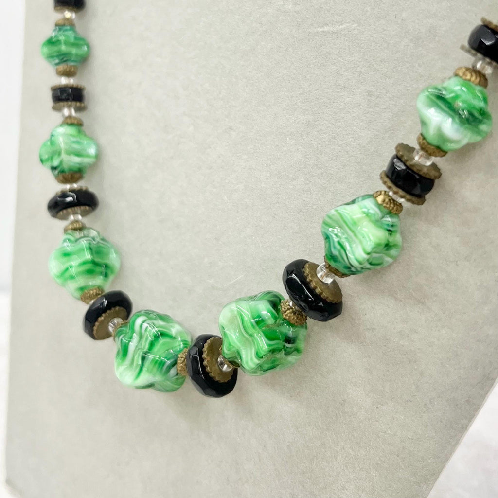 Art Deco 1930’s Green Striated & Black Glass Beaded Necklace Vintage Jewellery 17” Long with a 2” Extender Chain MillyOliverVintage