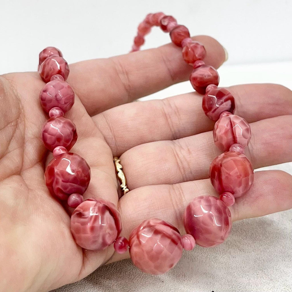 Vintage Art Deco 1930’s Pink Satin Glass Faceted Graduated Bead Necklace 16” Long MillyOliverVintage