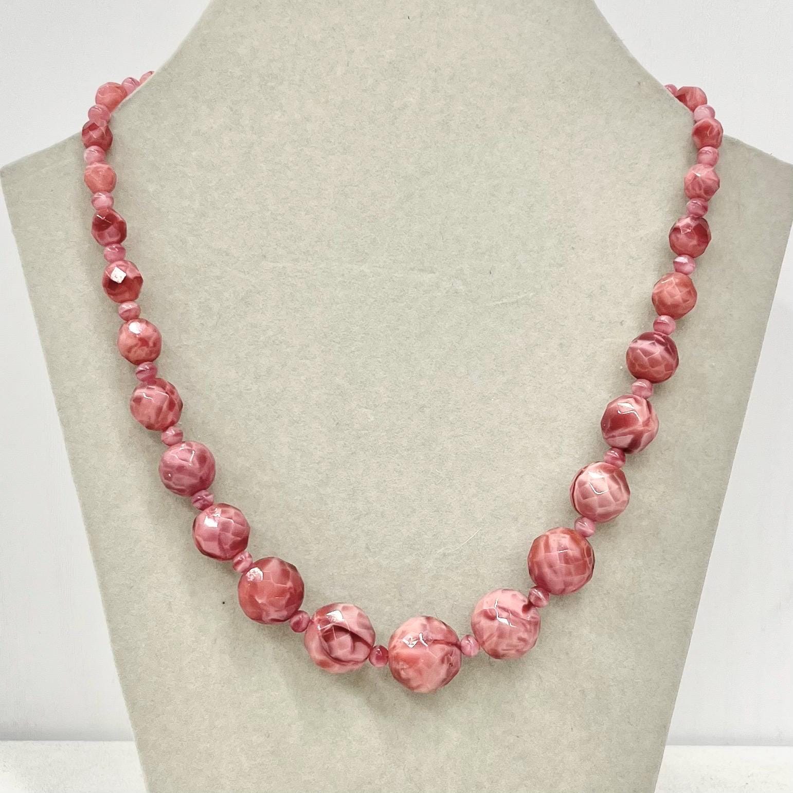 Vintage Art Deco 1930’s Pink Satin Glass Faceted Graduated Bead Necklace 16” Long MillyOliverVintage