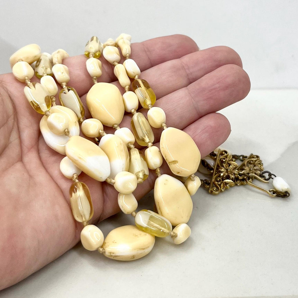 Vintage 1960’s Three Strand Czech Glass Bead Necklace in Cream & Yellow Tones Vintage Jewellery 16.5” MillyOliverVintage