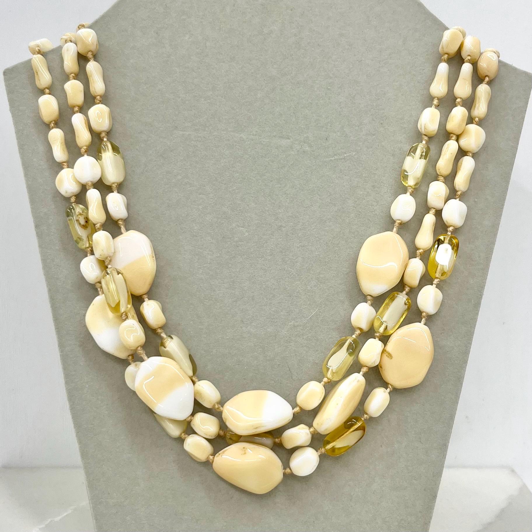Vintage 1960’s Three Strand Czech Glass Bead Necklace in Cream & Yellow Tones Vintage Jewellery 16.5” MillyOliverVintage