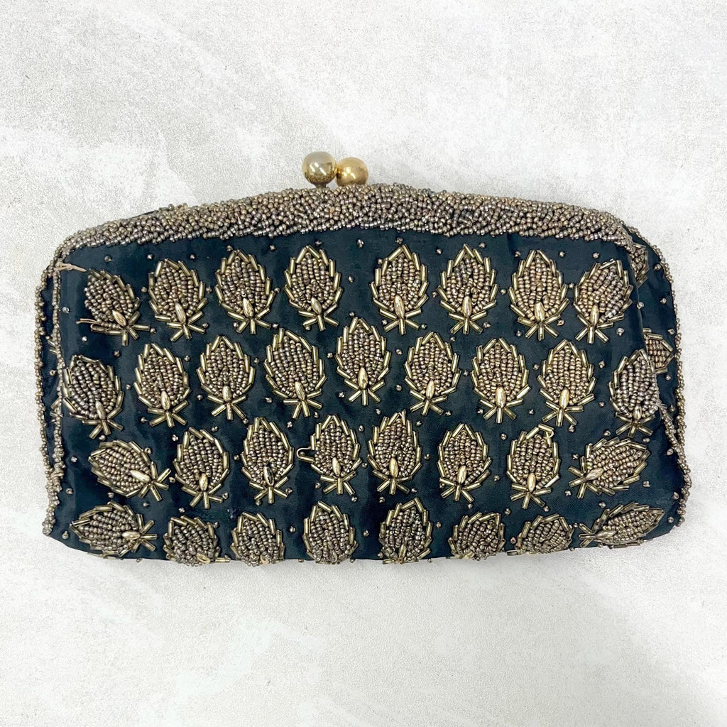 Vintage Black & Gold Beaded Zardozi Evening Clutch Bag Made in Hong Kong MillyOliverVintage