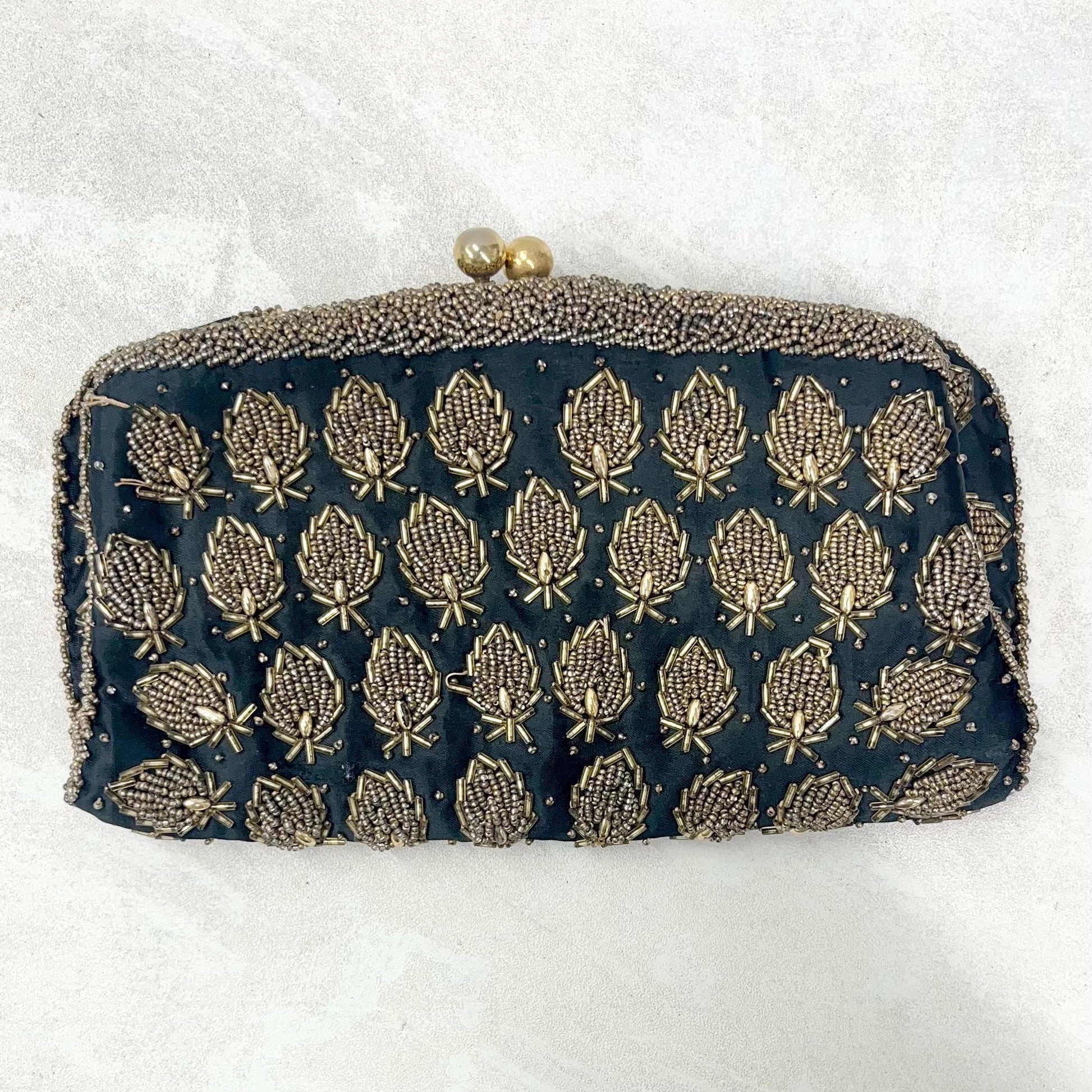 Vintage Black & Gold Beaded Zardozi Evening Clutch Bag Made in Hong Kong MillyOliverVintage