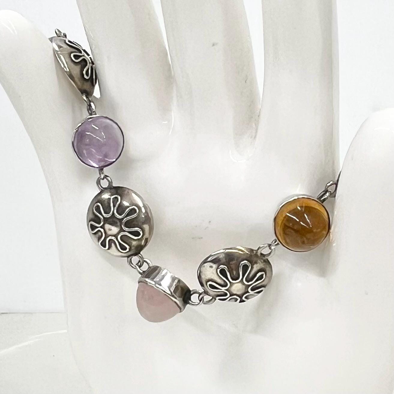 Antique Vintage 835 Sterling Silver Pools Of Light Multi Stone Quartz Bracelet Handarbeit Perli MillyOliverVintage