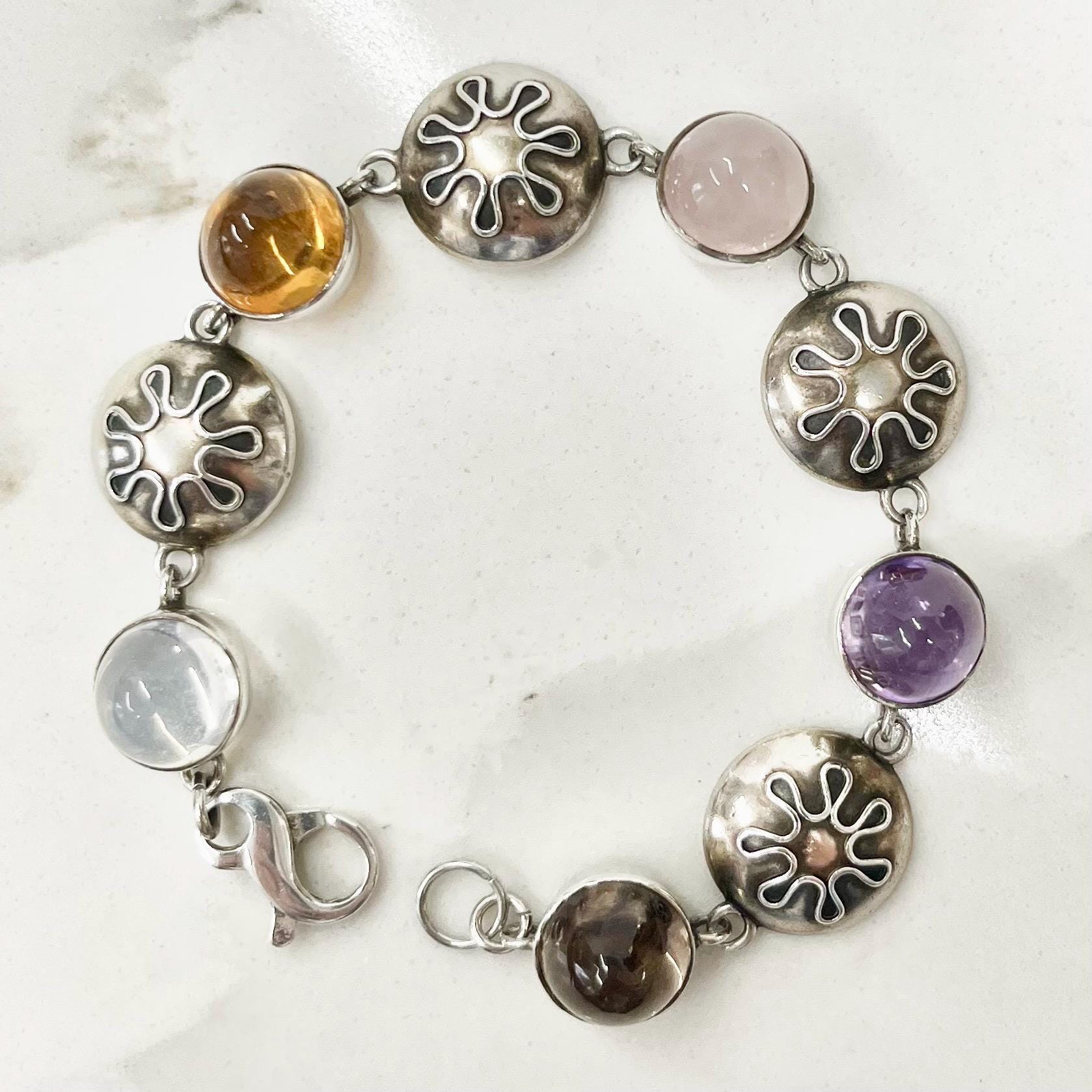 Antique Vintage 835 Sterling Silver Pools Of Light Multi Stone Quartz Bracelet Handarbeit Perli MillyOliverVintage