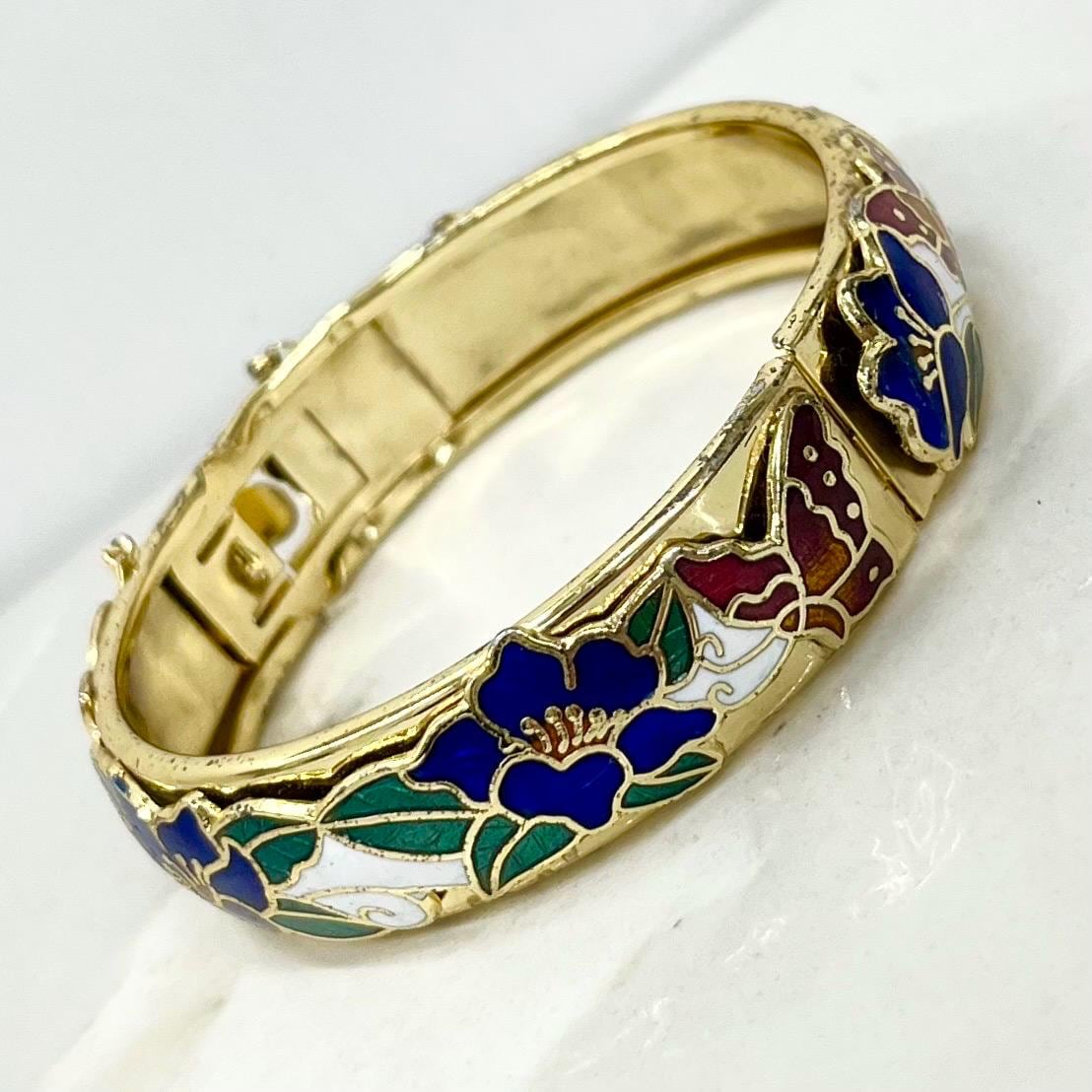 Vintage Gold Plated Floral Cloisonne Enamelled Bangle Hinged with Safety Chain MillyOliverVintage