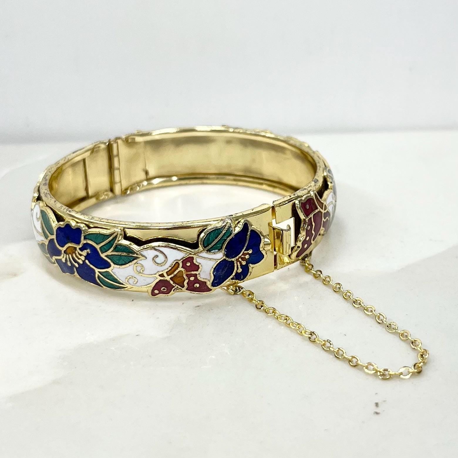 Vintage Gold Plated Floral Cloisonne Enamelled Bangle Hinged with Safety Chain MillyOliverVintage