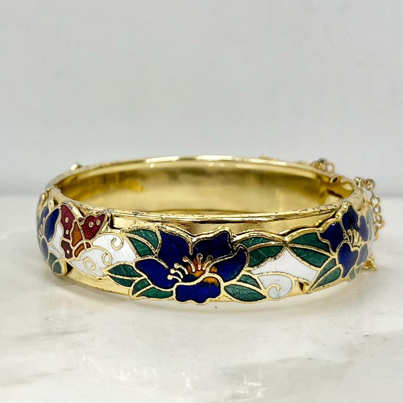 Vintage Gold Plated Floral Cloisonne Enamelled Bangle Hinged with Safety Chain MillyOliverVintage
