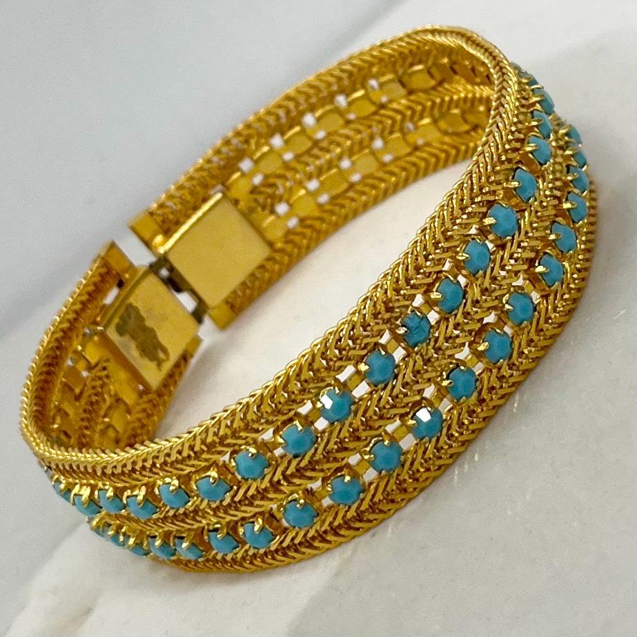 Vintage Gold Plate 1960’s Mesh Link Bracelet with Two Turquoise Diamante Rows MillyOliverVintage