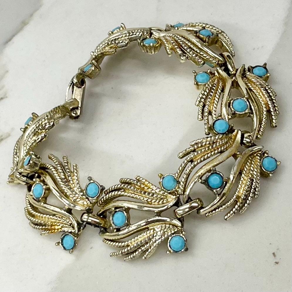 Vintage Jewelcraft Brutalist Gold Plate 1980’s Bracelet with Turquoise Diamante Rhinestones Accents MillyOliverVintage