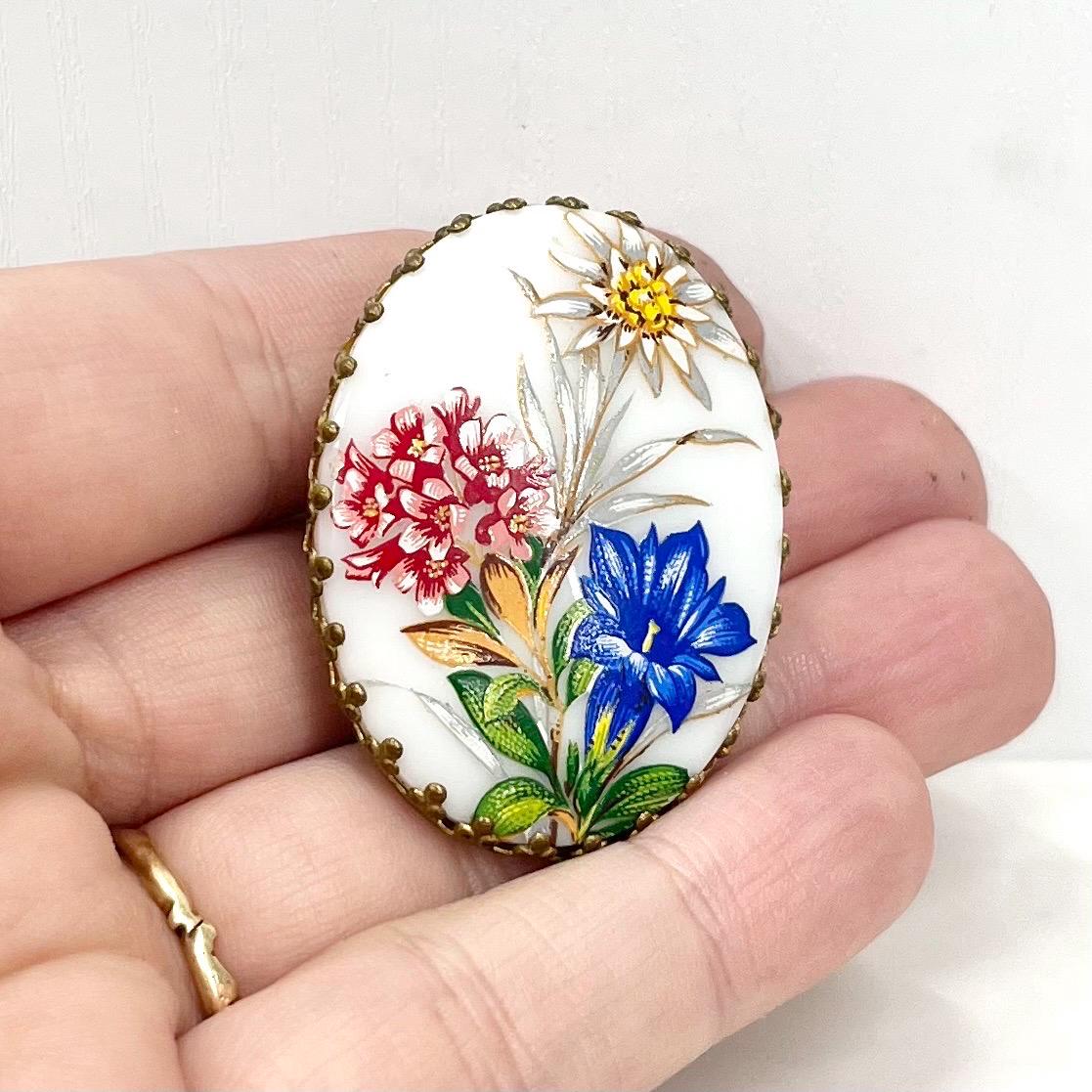 Vintage Gold Tone White Glass Floral Painted Scarf Clip MillyOliverVintage