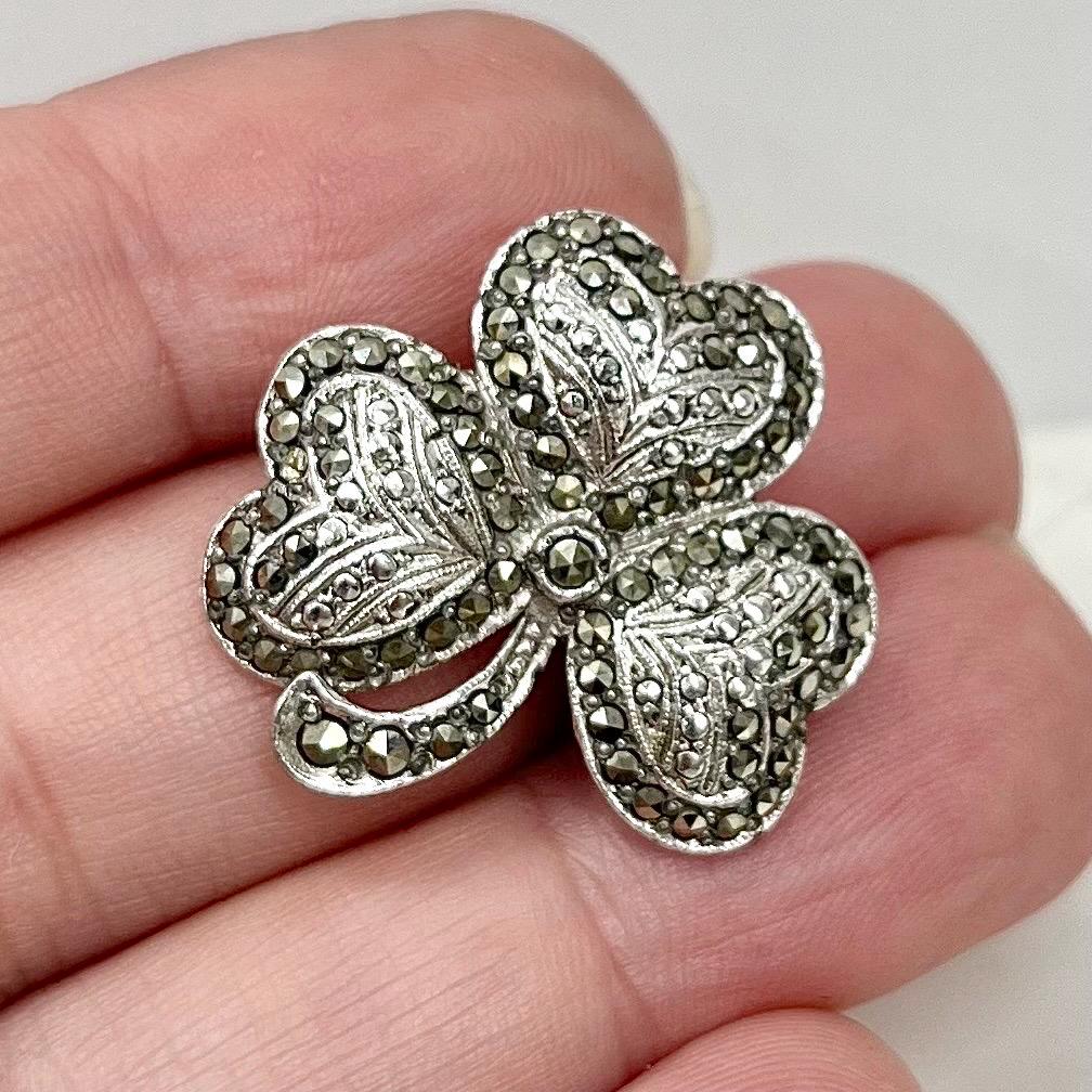 Large Vintage Marcasite Three Lead Clover Brooch Fantastic Costume Jewellery Piece MillyOliverVintage
