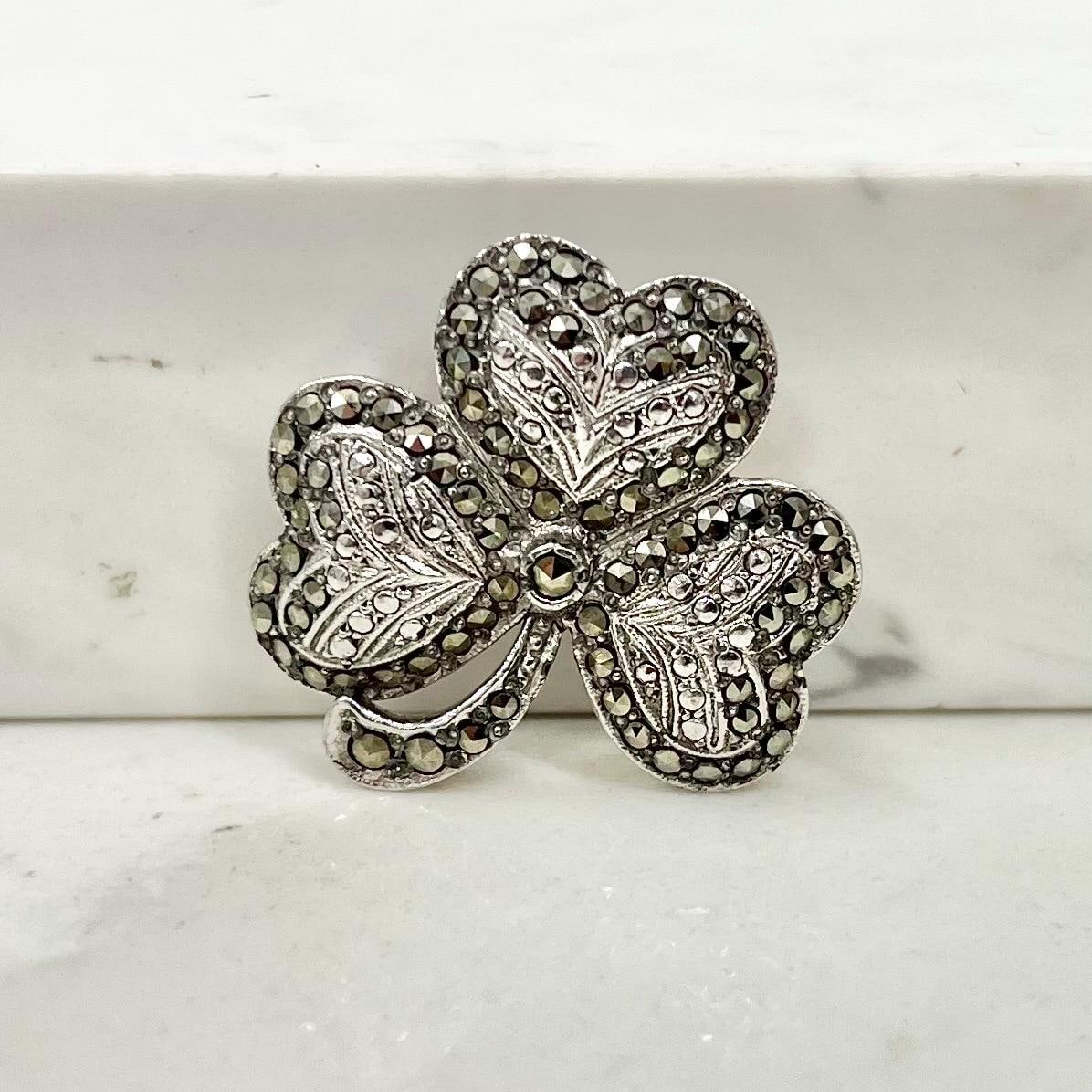 Large Vintage Marcasite Three Lead Clover Brooch Fantastic Costume Jewellery Piece MillyOliverVintage