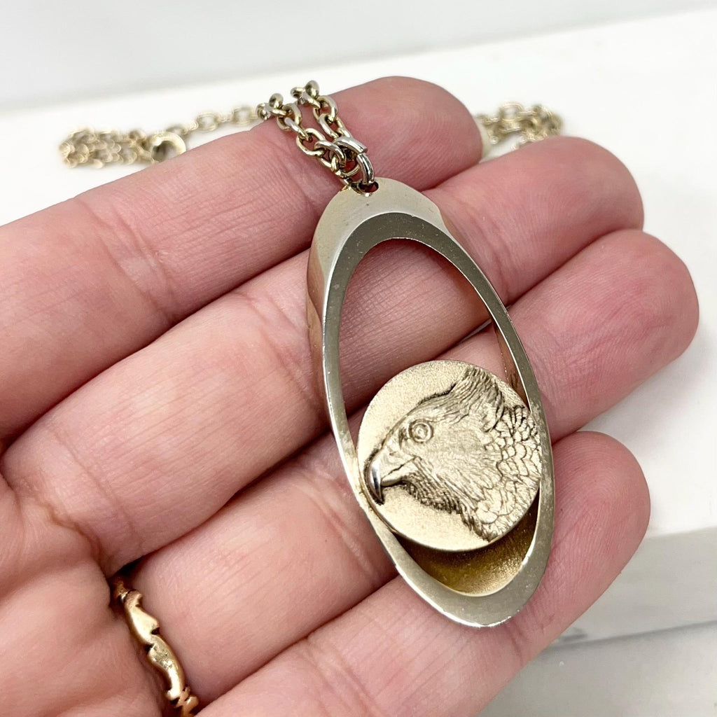 Vintage 1970‘s Gold Plate Stainless Steel Eagle Pendant Necklace with a 27” Curb Chain MillyOliverVintage