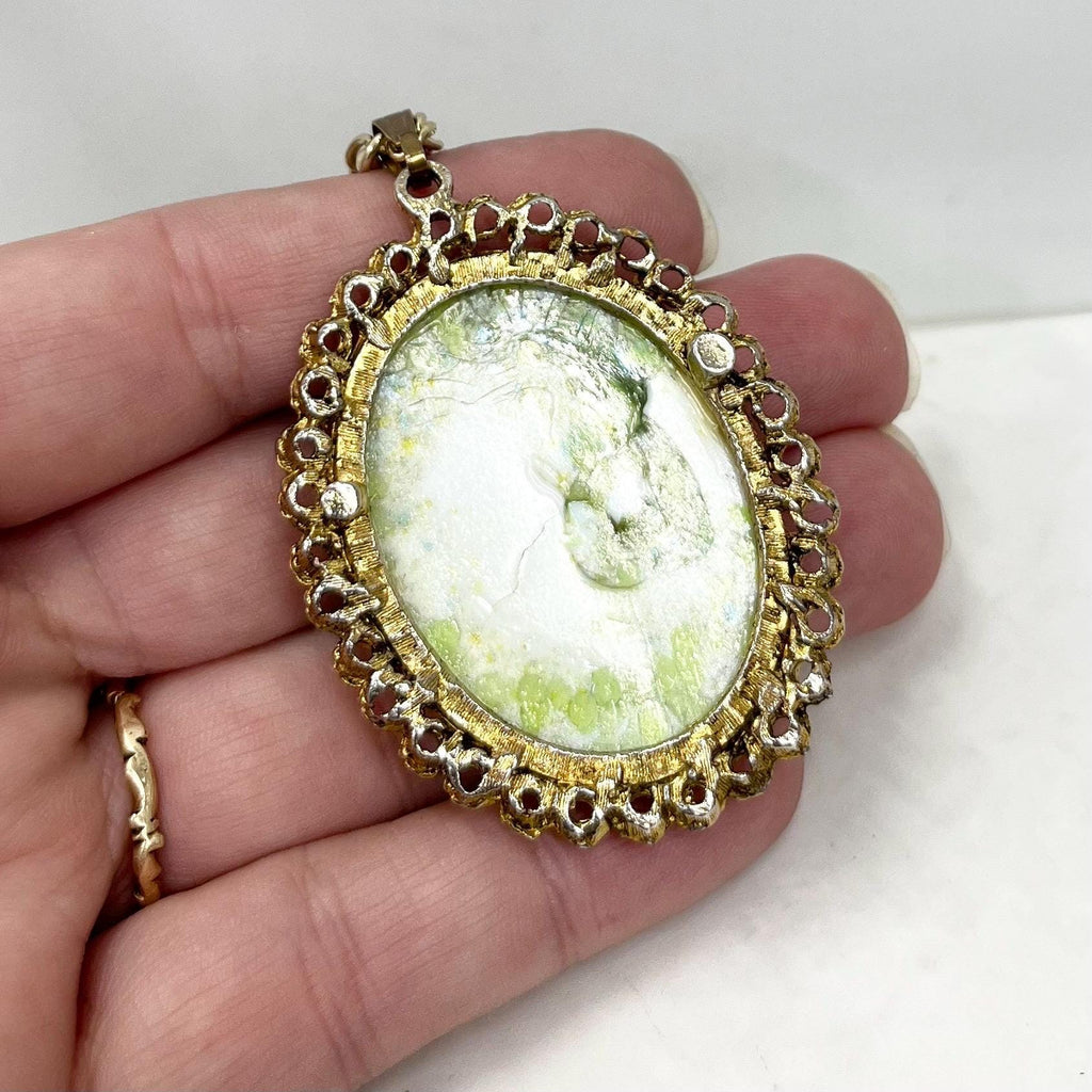 Vintage 1960‘s Gold Tone Large Green Glass Cabochon Pendant Necklace with a 22” Curb Chain with a 1.5” Extender Chain MillyOliverVintage