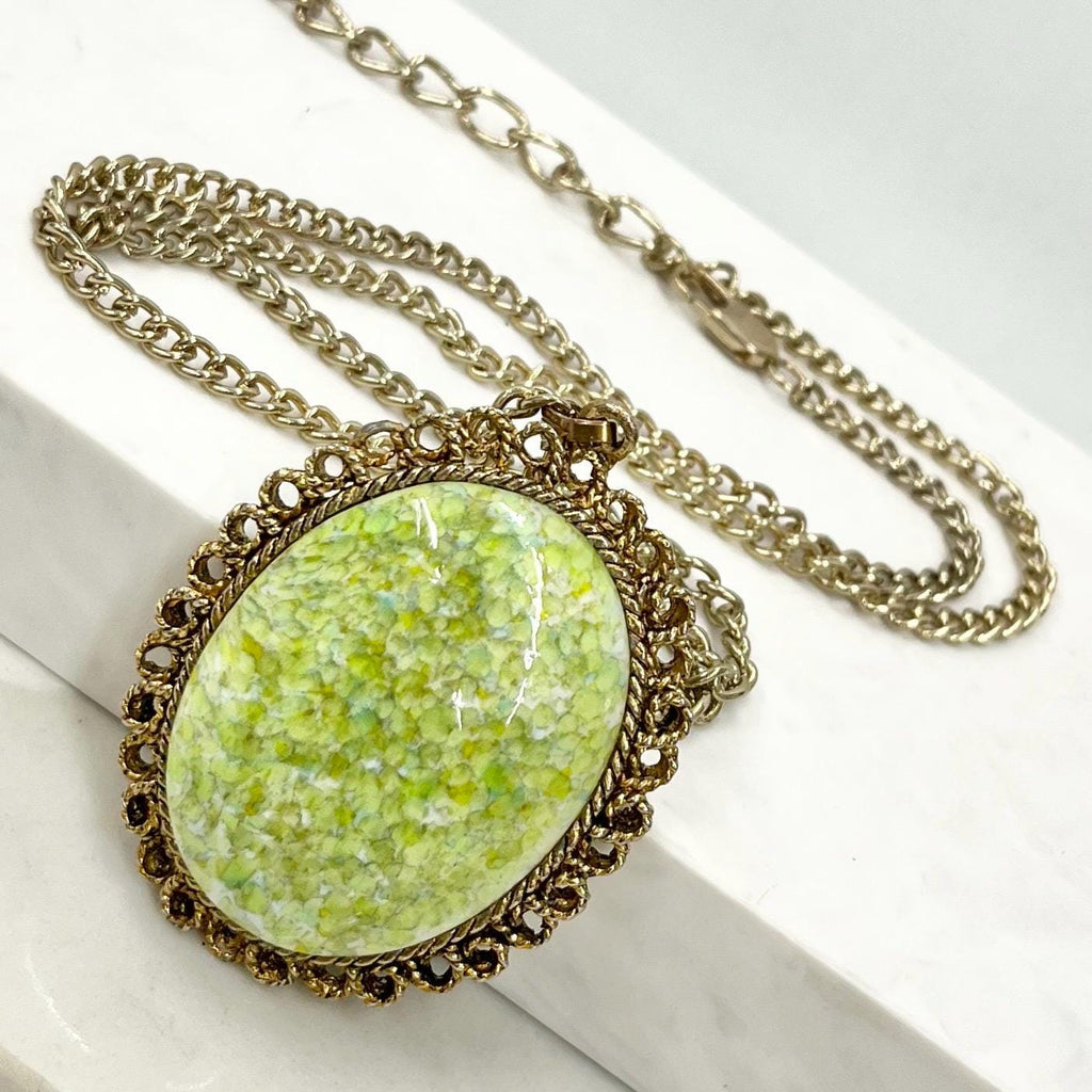 Vintage 1960‘s Gold Tone Large Green Glass Cabochon Pendant Necklace with a 22” Curb Chain with a 1.5” Extender Chain MillyOliverVintage