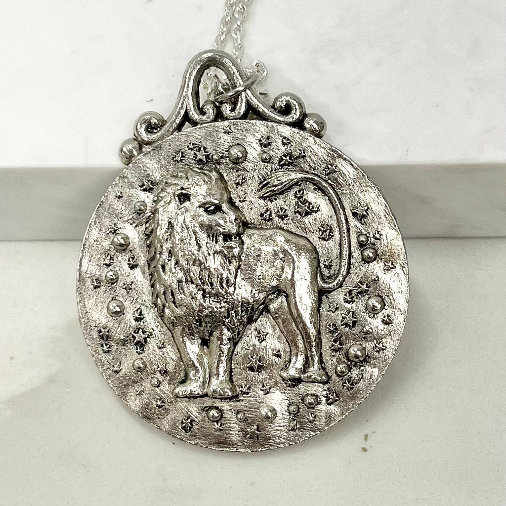 Vintage 1970‘s Huge Double Sided Lion Leo Zodiac Stars Pendant Necklace with an 18” Curb Chain MillyOliverVintage