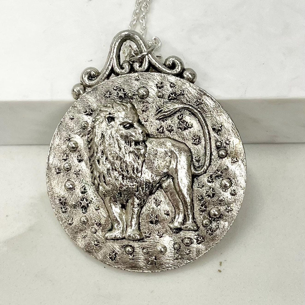 Vintage 1970‘s Huge Double Sided Lion Leo Zodiac Stars Pendant Necklace with an 18” Curb Chain MillyOliverVintage